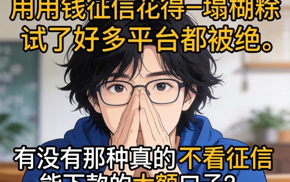 急用钱征信花得一塌糊涂，试了好多平台都被拒，有没有那种真的不看征信能下款的大额口子？