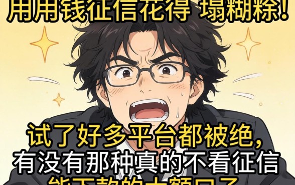 急用钱征信花得一塌糊涂，试了好多平台都被拒，有没有那种真的不看征信能下款的大额口子？